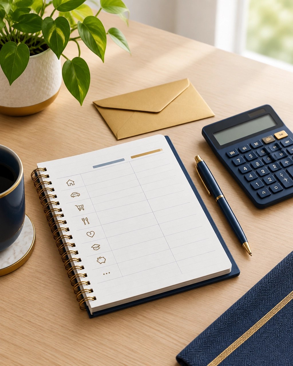 Household budget notebook and calculator representing predictable insurance premiums