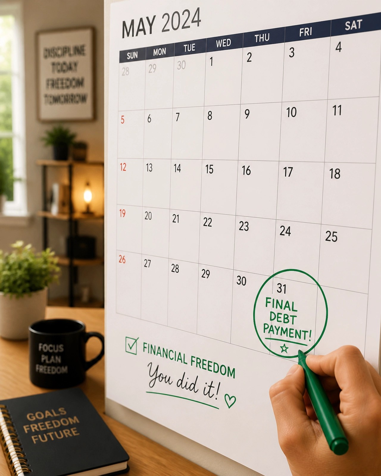 A hand marking the 'Final Debt Payment' on a clean, modern wall calendar.