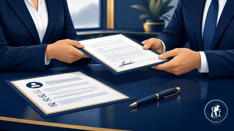 Business professionals reviewing a signed service agreement, reference sheet, and verification notes