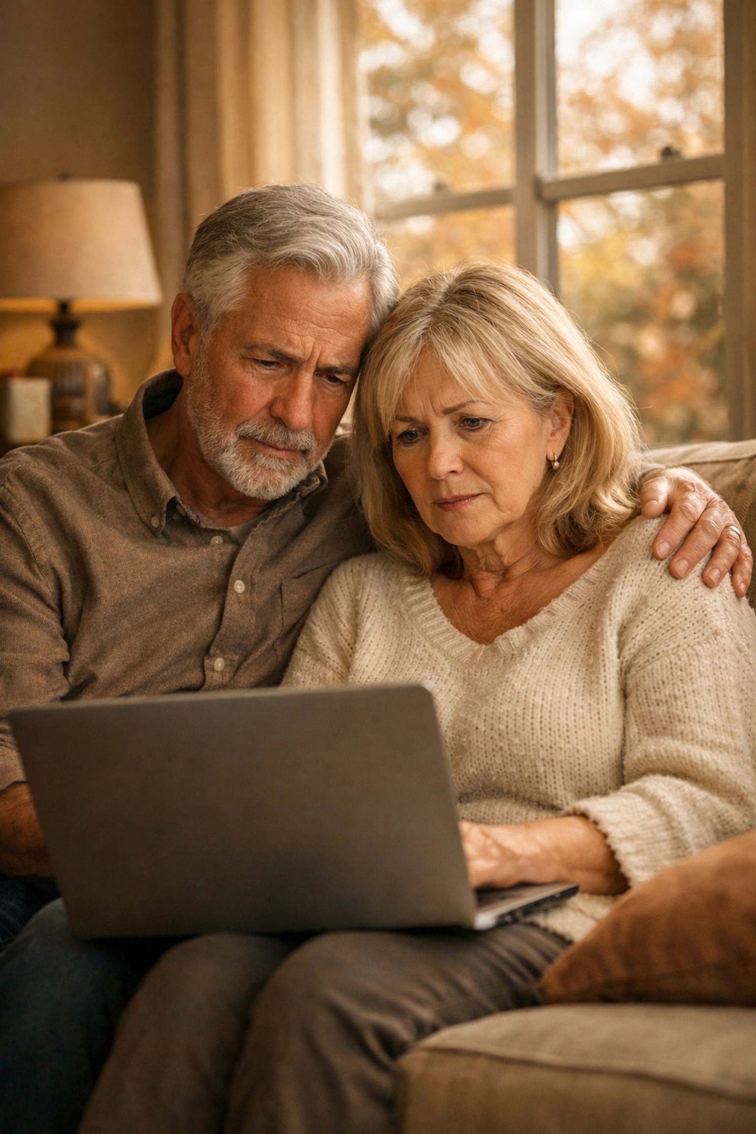 Retired couple reviewing their investment portfolio during a market downturn