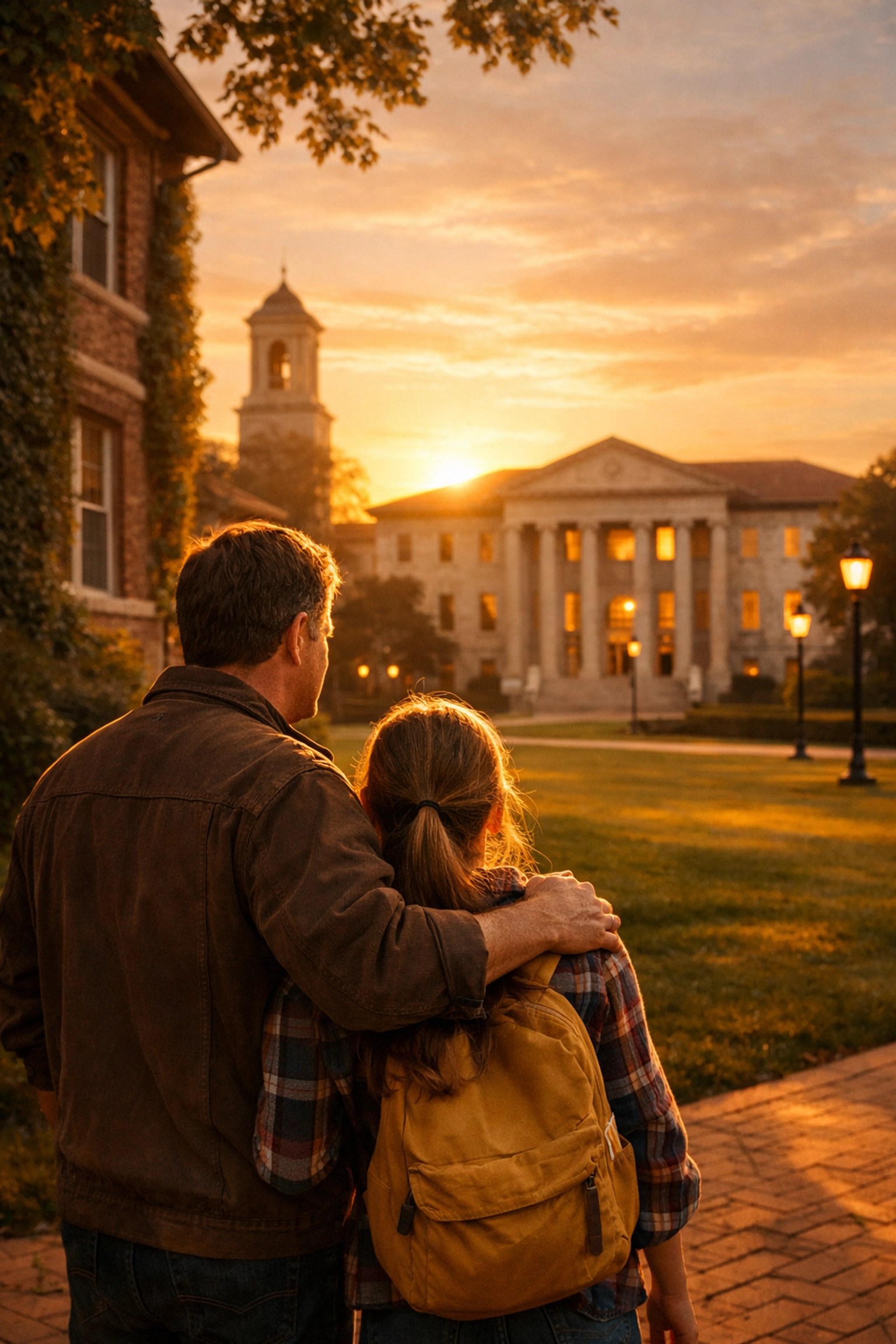 Father and daughter on an Atlanta college campus planning for future education with life insurance.