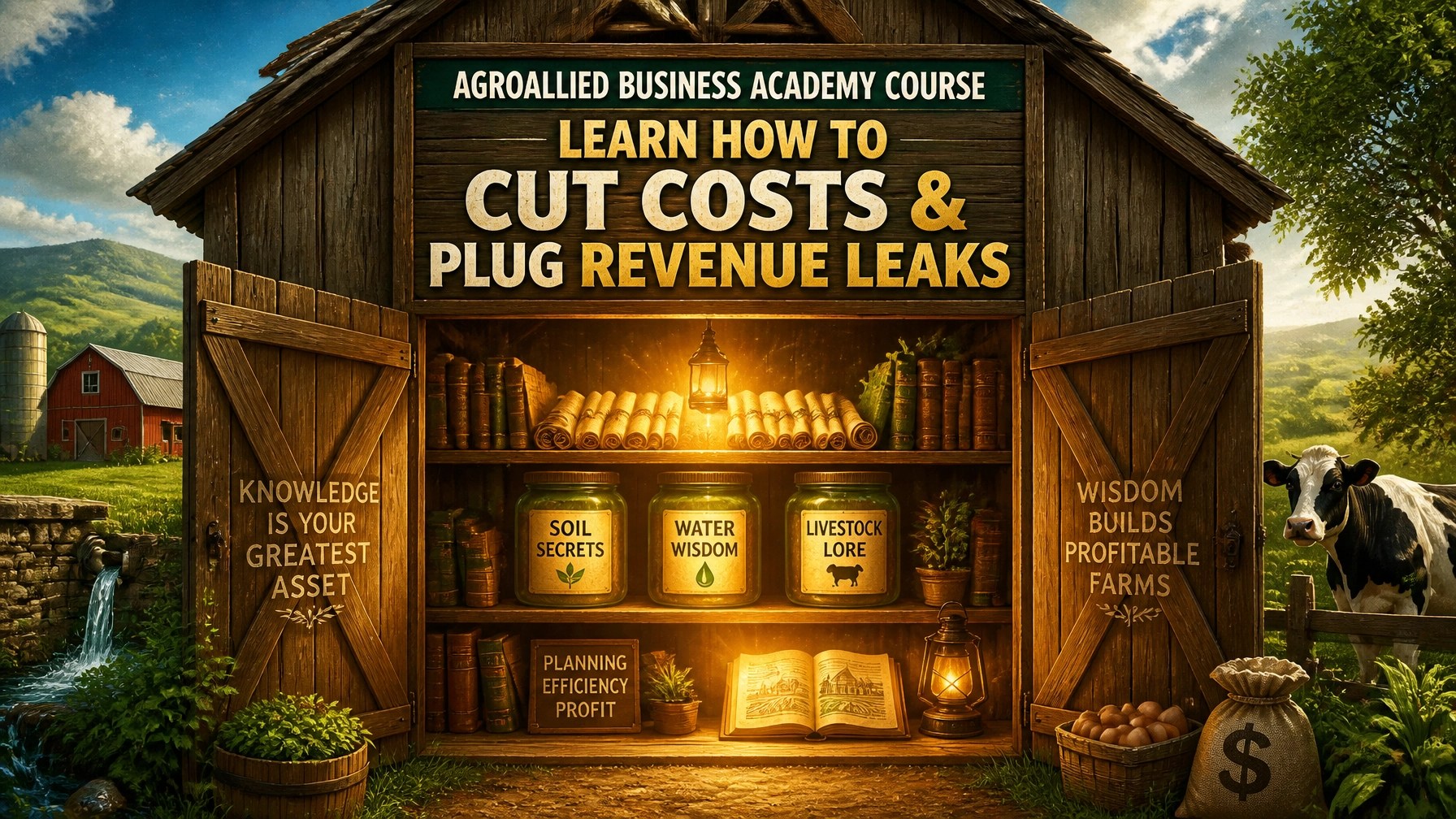Organized shelves of glowing scrolls and jars labeled Soil Secrets and Livestock Lore inside a rustic barn