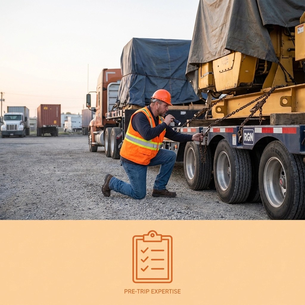 Truck driver in safety vest inspecting tie-downs on RGN trailer carrying industrial equipment to ensure safe heavy haul transport