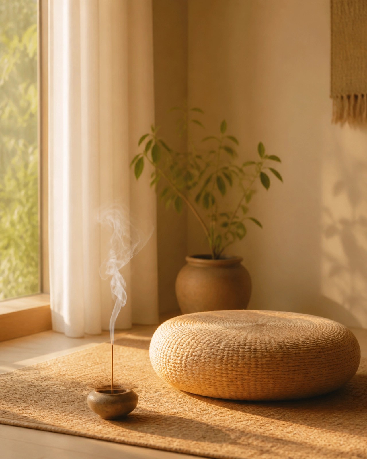A serene meditation setting with a floor cushion and a clay pot plant