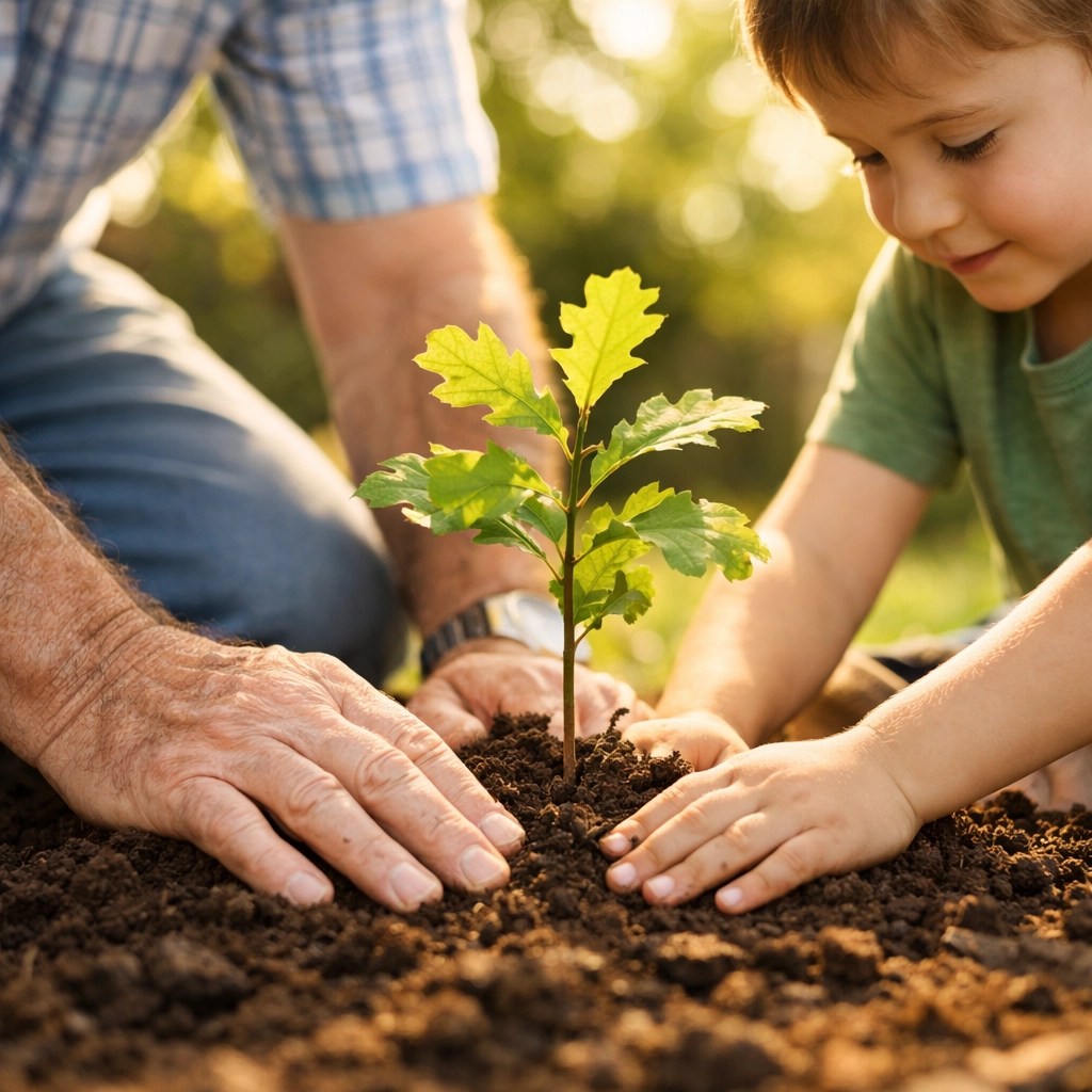 Grandfather and grandson planting a tree to represent the lasting legacy of permanent final expense insurance.