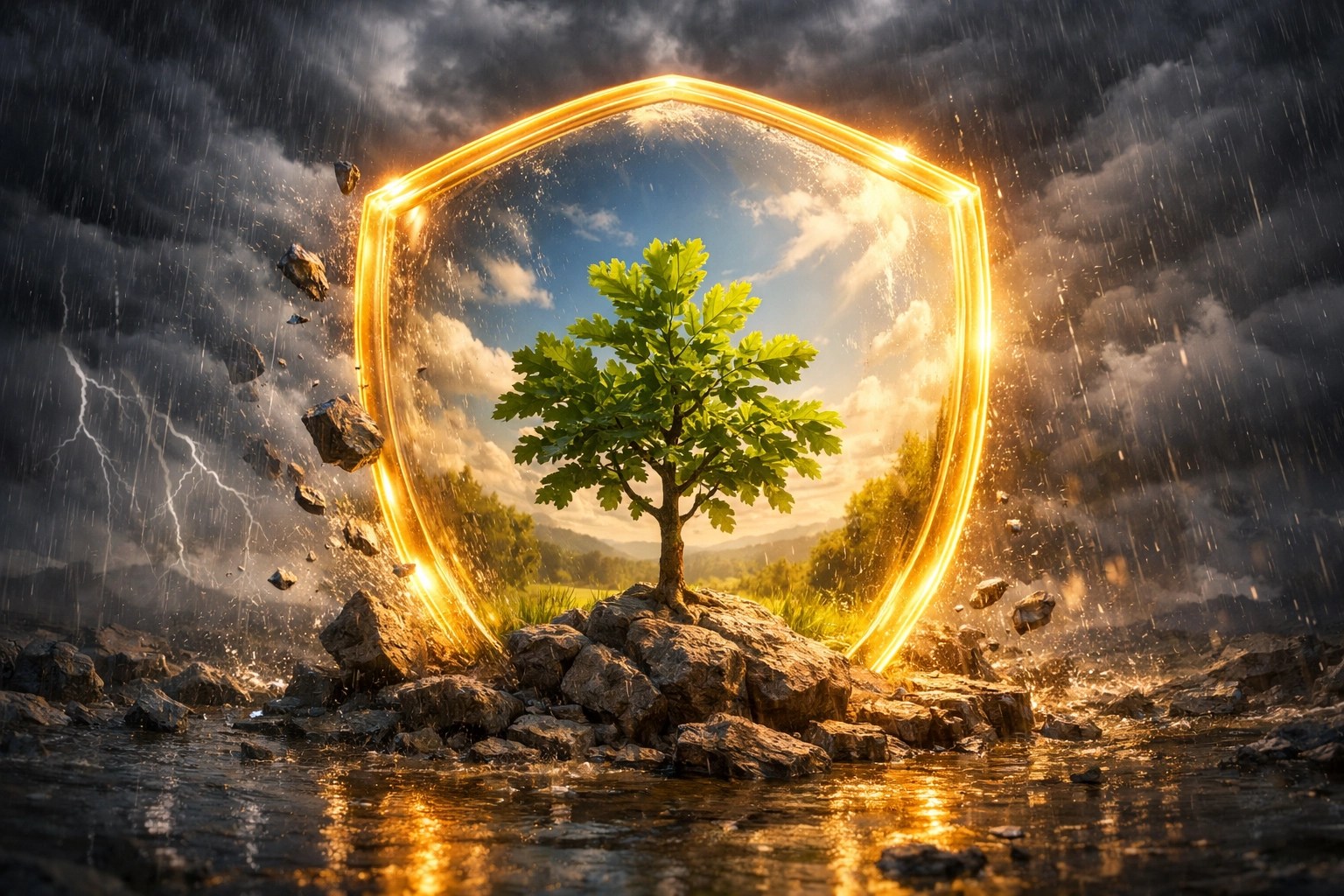 A protective shield guarding retirement growth from market storms, representing fixed index annuities safety.