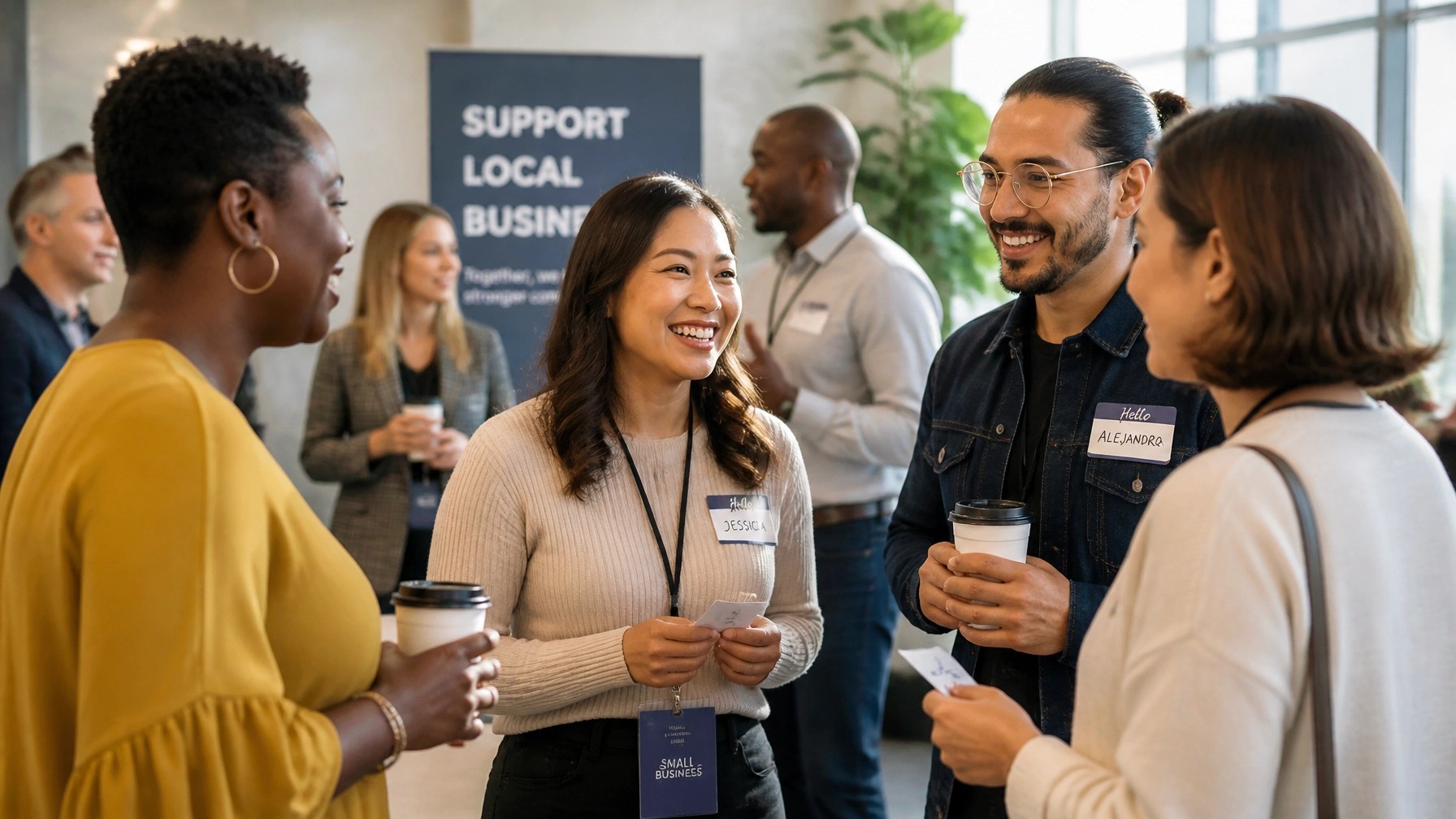 A diverse group of business owners networking and smiling