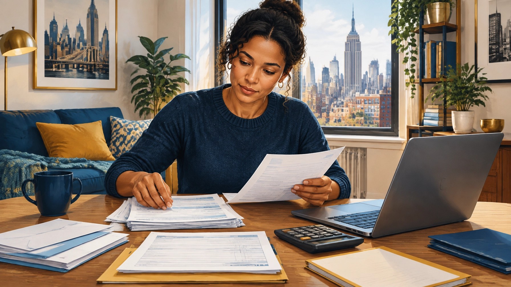 New York resident organizing income documents and household information for health insurance enrollment