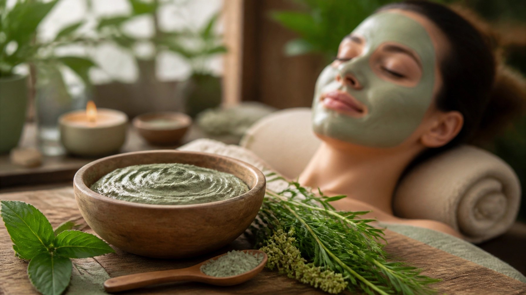 Natural wellness setting with a bowl of green clay and herbs