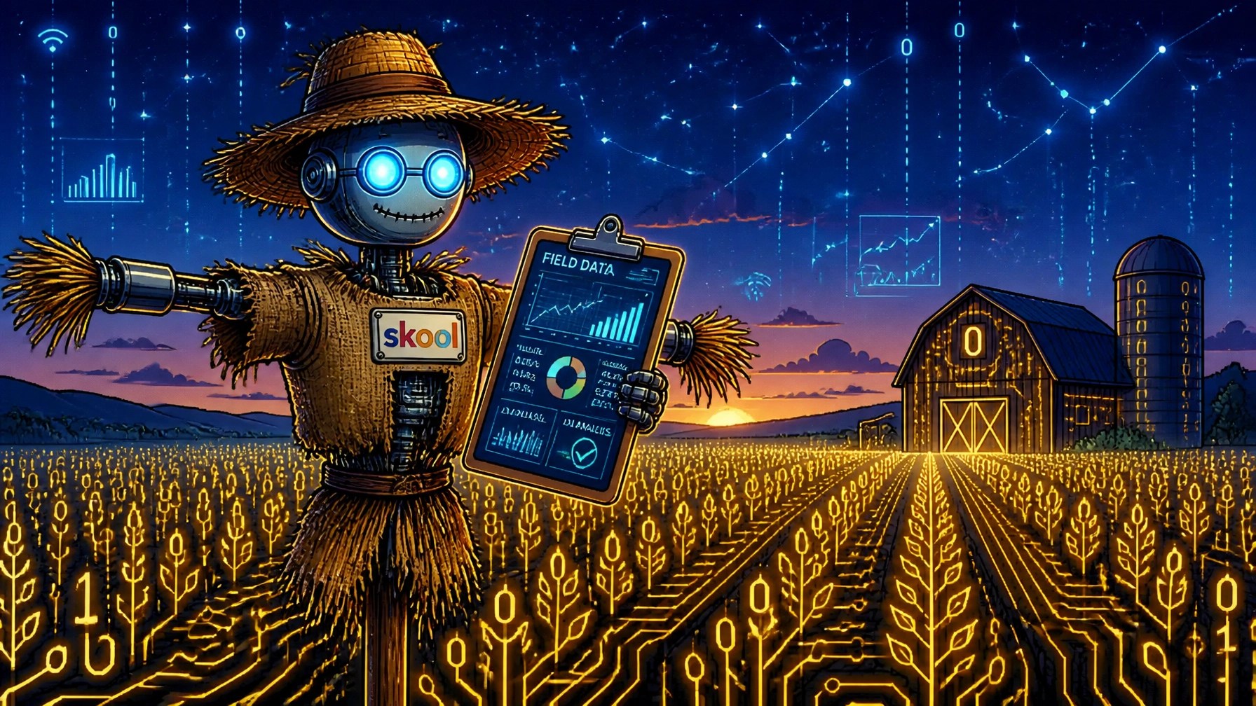 An AI-powered scarecrow standing guard over a digital field with glowing circuitry and binary code