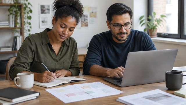 Marketing professionals organizing a campaign calendar and client brief