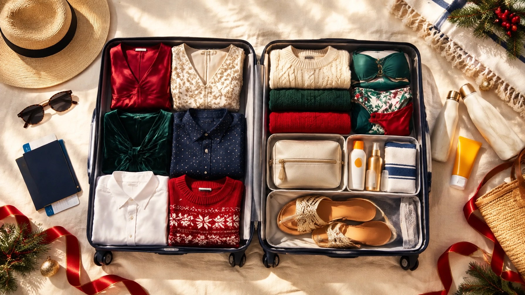 Elegant flat-lay of holiday cruise packing essentials with dressy clothes, swimwear, travel documents, and sunscreen