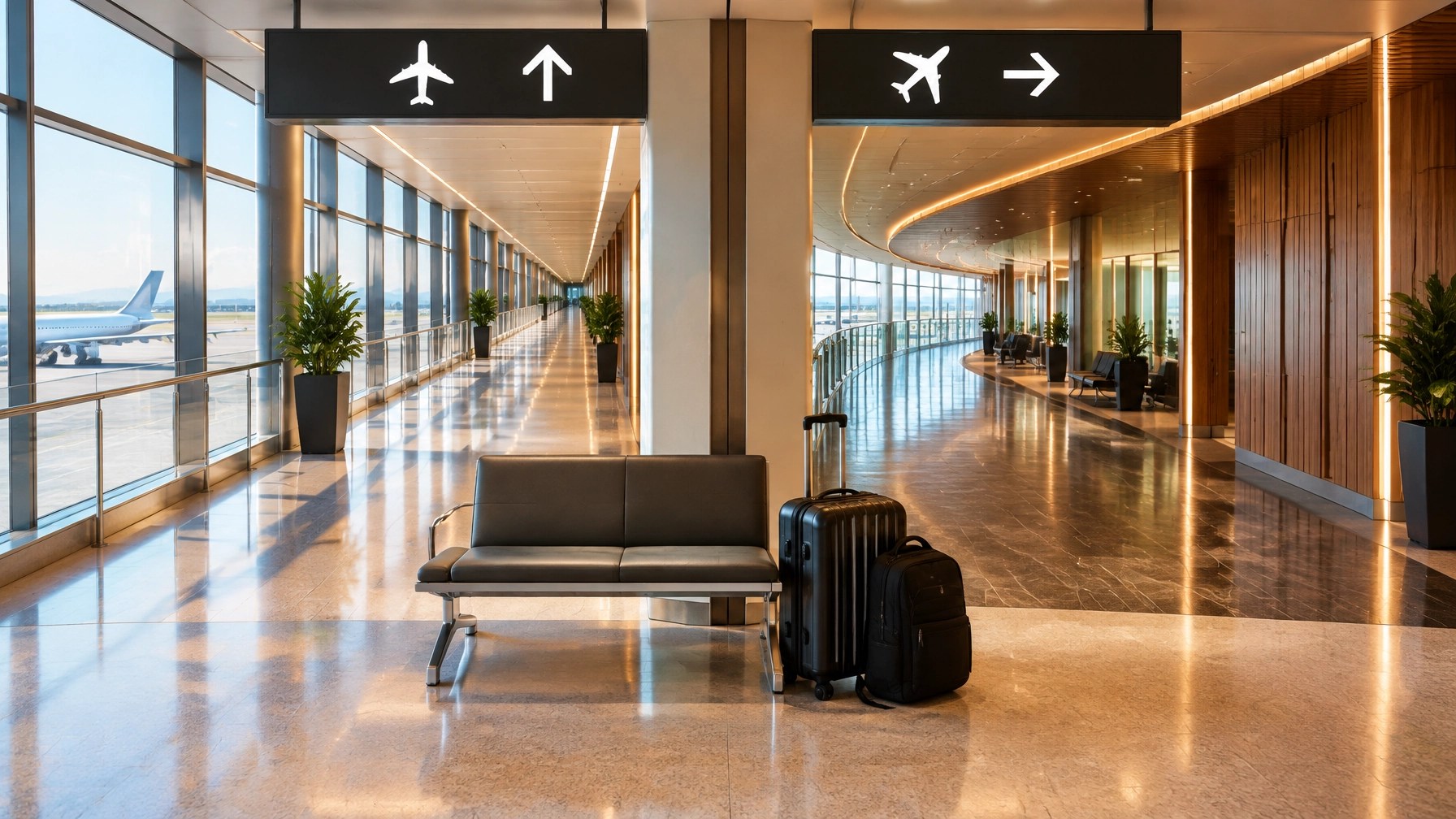 Empty airport connection concourse with split corridors symbolizing flight choices and avoiding unnecessary transfers