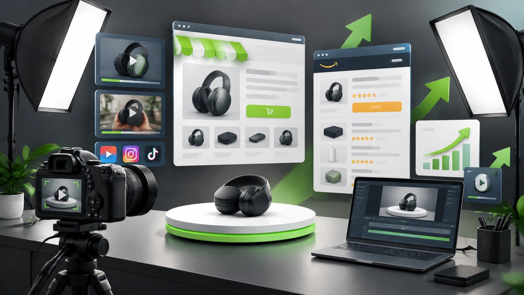 Professional product video production setup with camera, lighting, product display, and e-commerce media panels