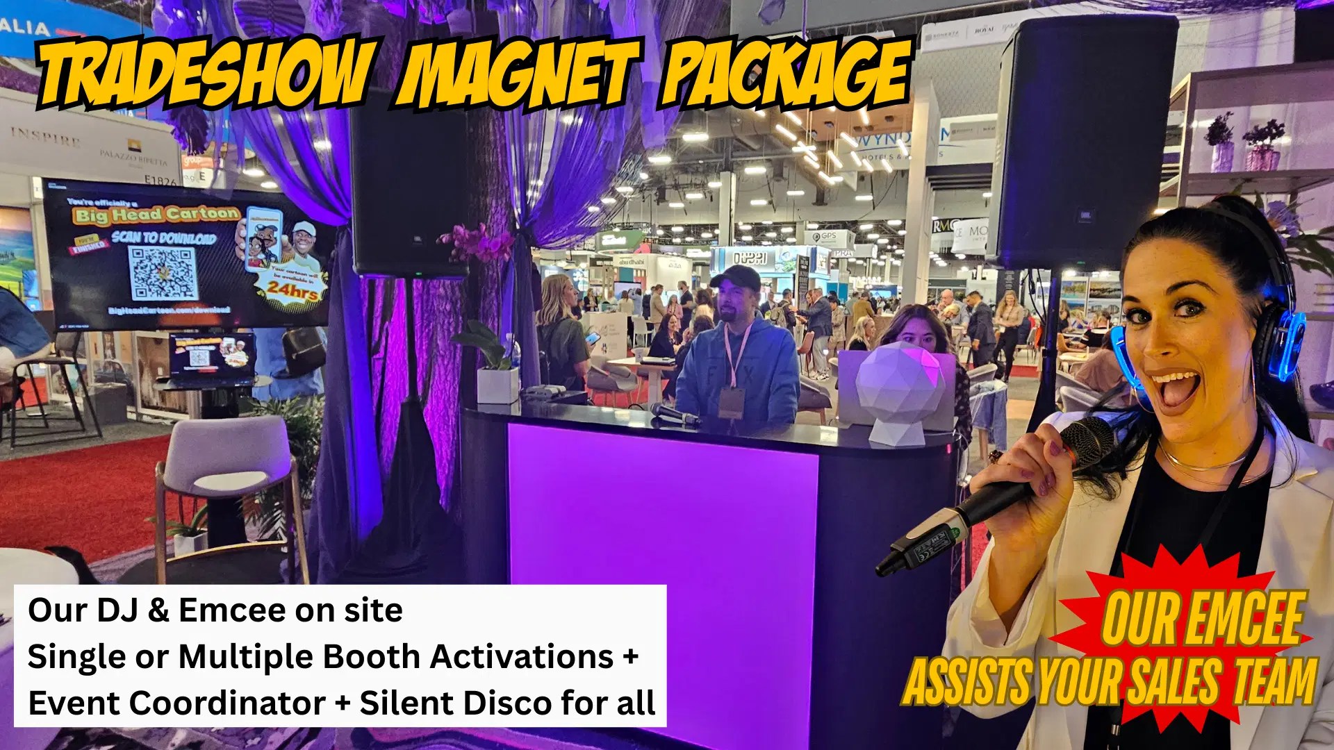 A Big Heads & Beats station featuring caricature artist workstations with display screens and silent disco headphones for interactive engagement.
