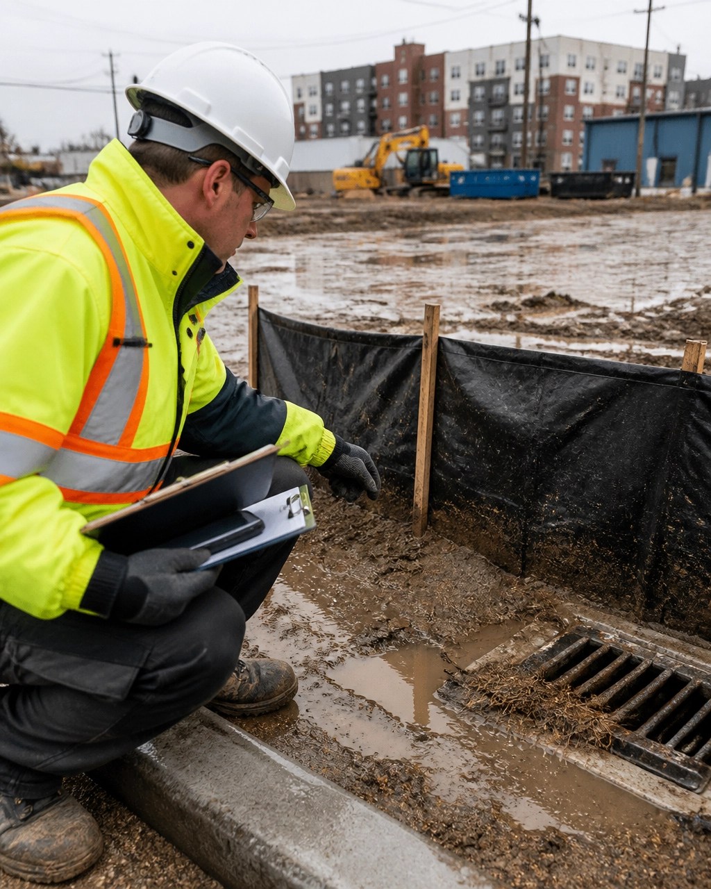 Construction stormwater inspection after a rain event showing a technician checking silt fence, inlet protection, stabilized soil, and sediment accumulation near a Newark storm drain