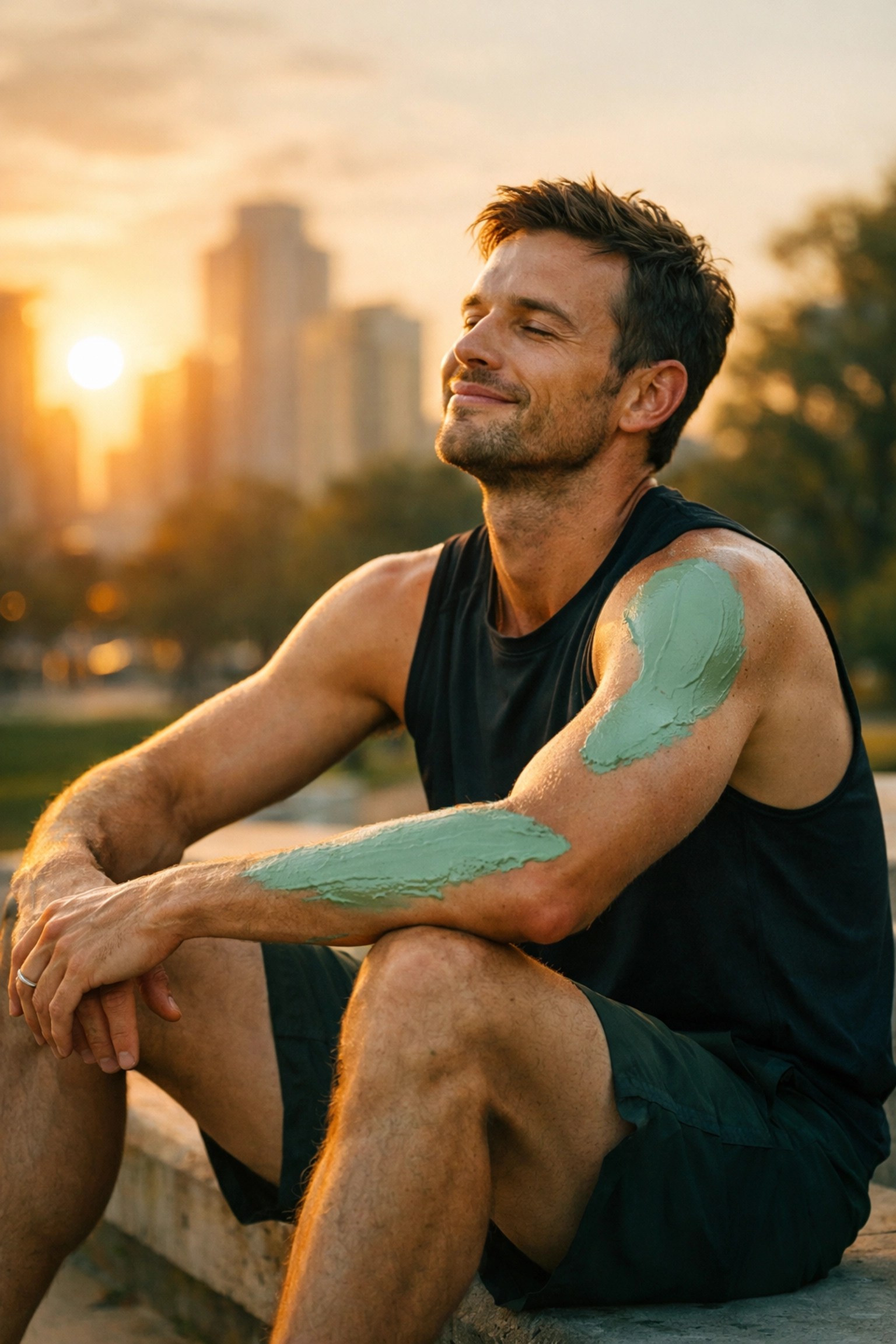 Athlete using mineral-rich green clay on their shoulder for natural recovery and joint pain relief.