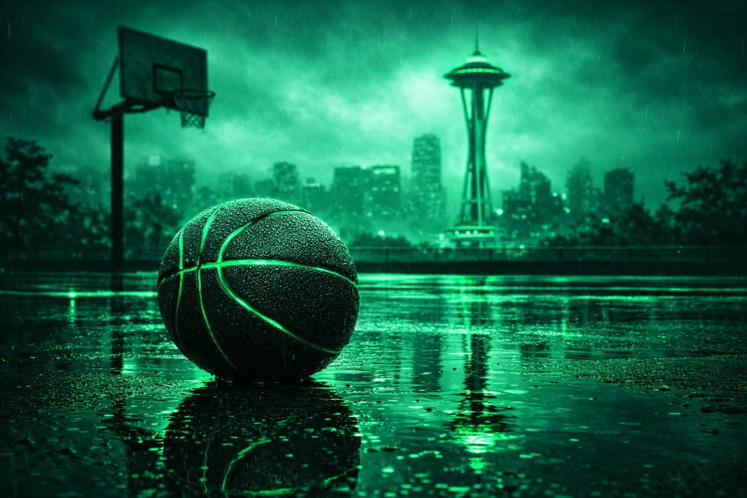 Outdoor basketball on a rainy Seattle court with the Space Needle in the background.