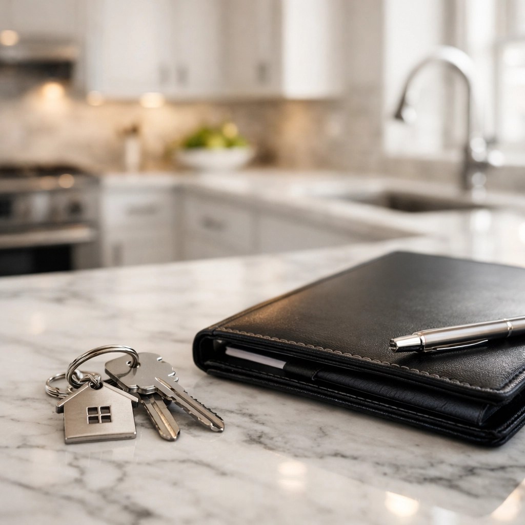 House keys and a professional real estate portfolio on a kitchen island symbolizing a successful closing.