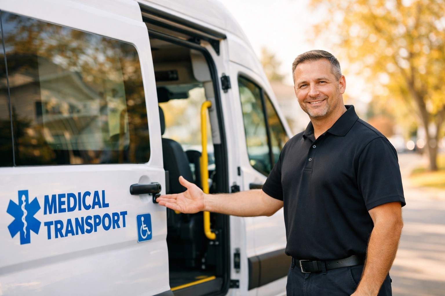 Professional NEMT driver welcoming a patient to a specialized medical transport van.