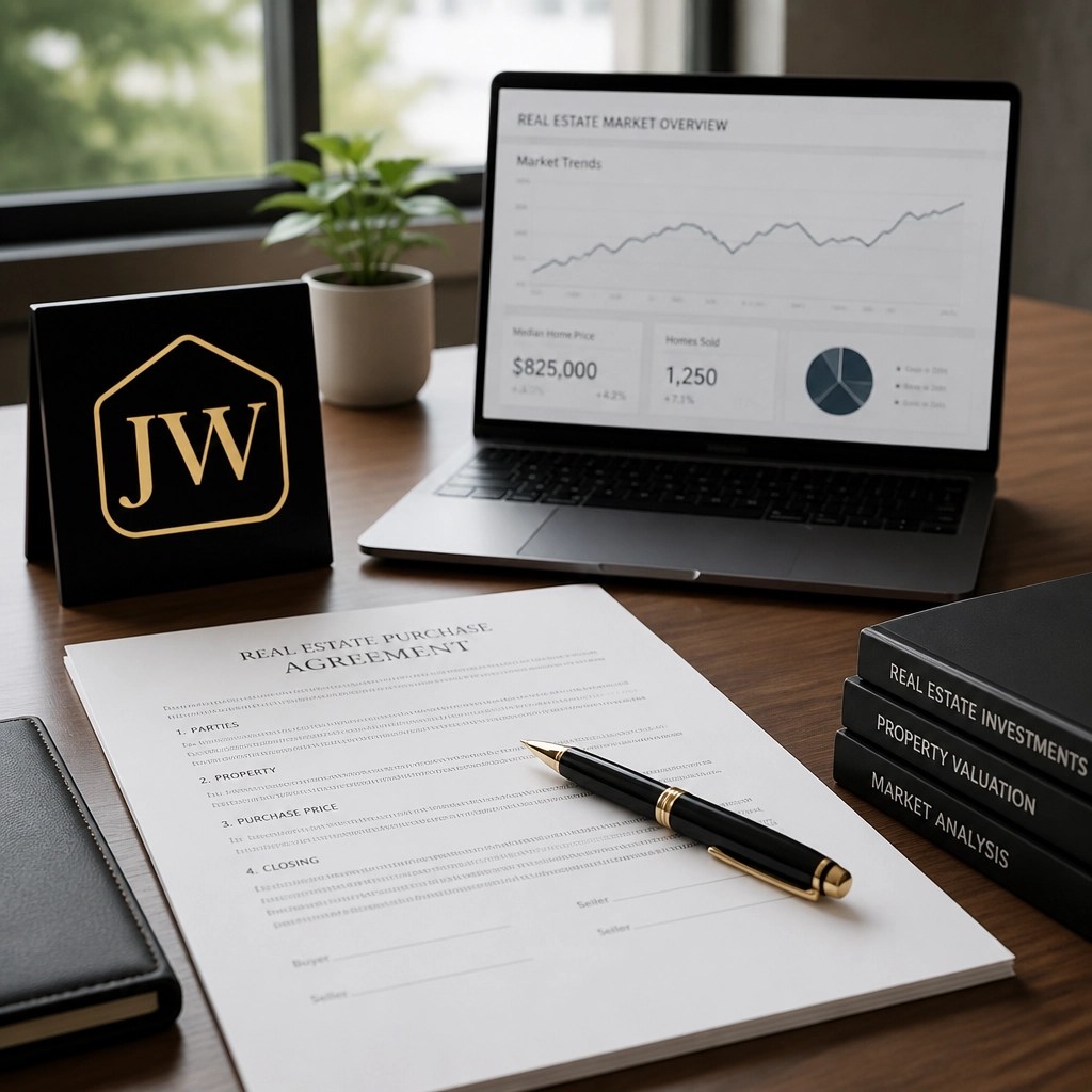 A professional workspace featuring a real estate contract and market data