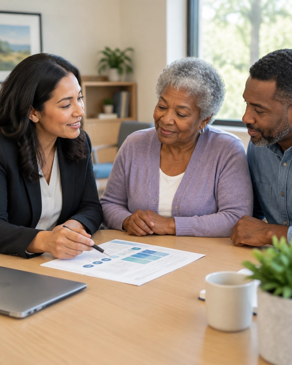 Insurance professional reviewing a final expense benefit worksheet with a senior woman and her adult son