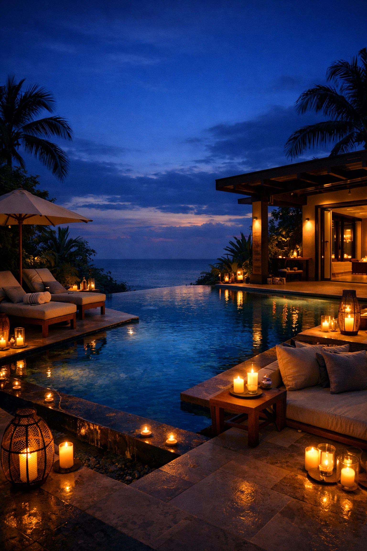 Private luxury villa infinity pool at twilight with ocean views and tropical setting