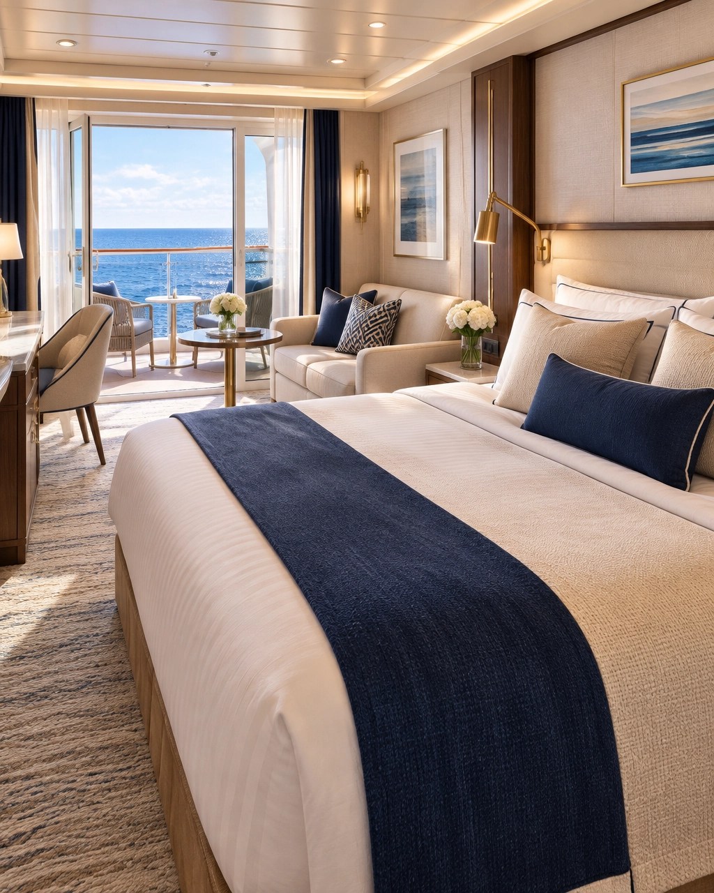 Elegant ocean-view cruise suite with cream textiles, brass lighting, and sparkling sea beyond the balcony