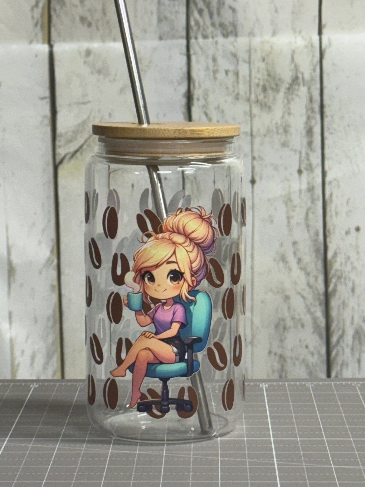 Cartoon girl coffee glass can with UV DTF design