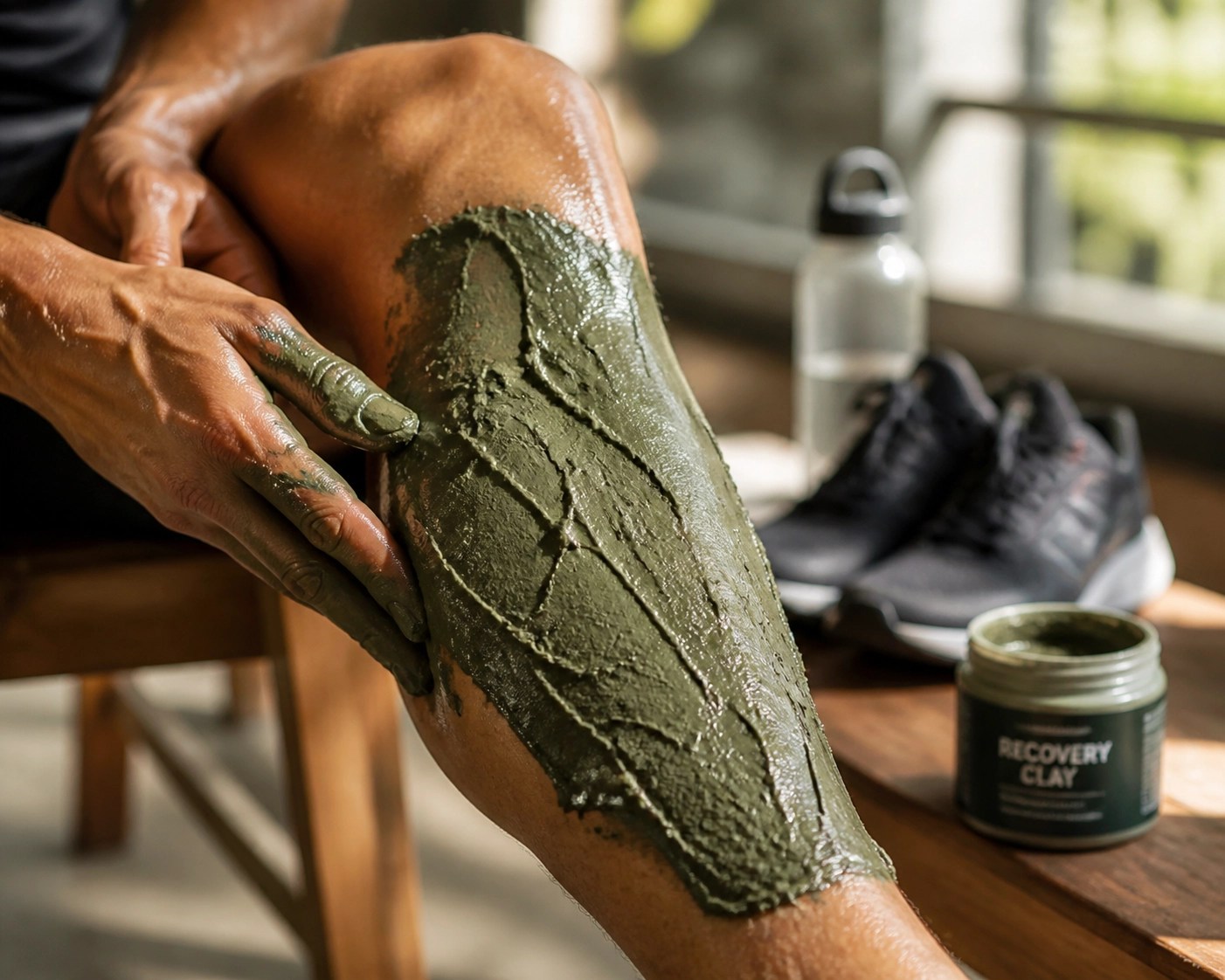 Therapeutic application of French green clay on an athlete's calf for muscle recovery and inflammation.
