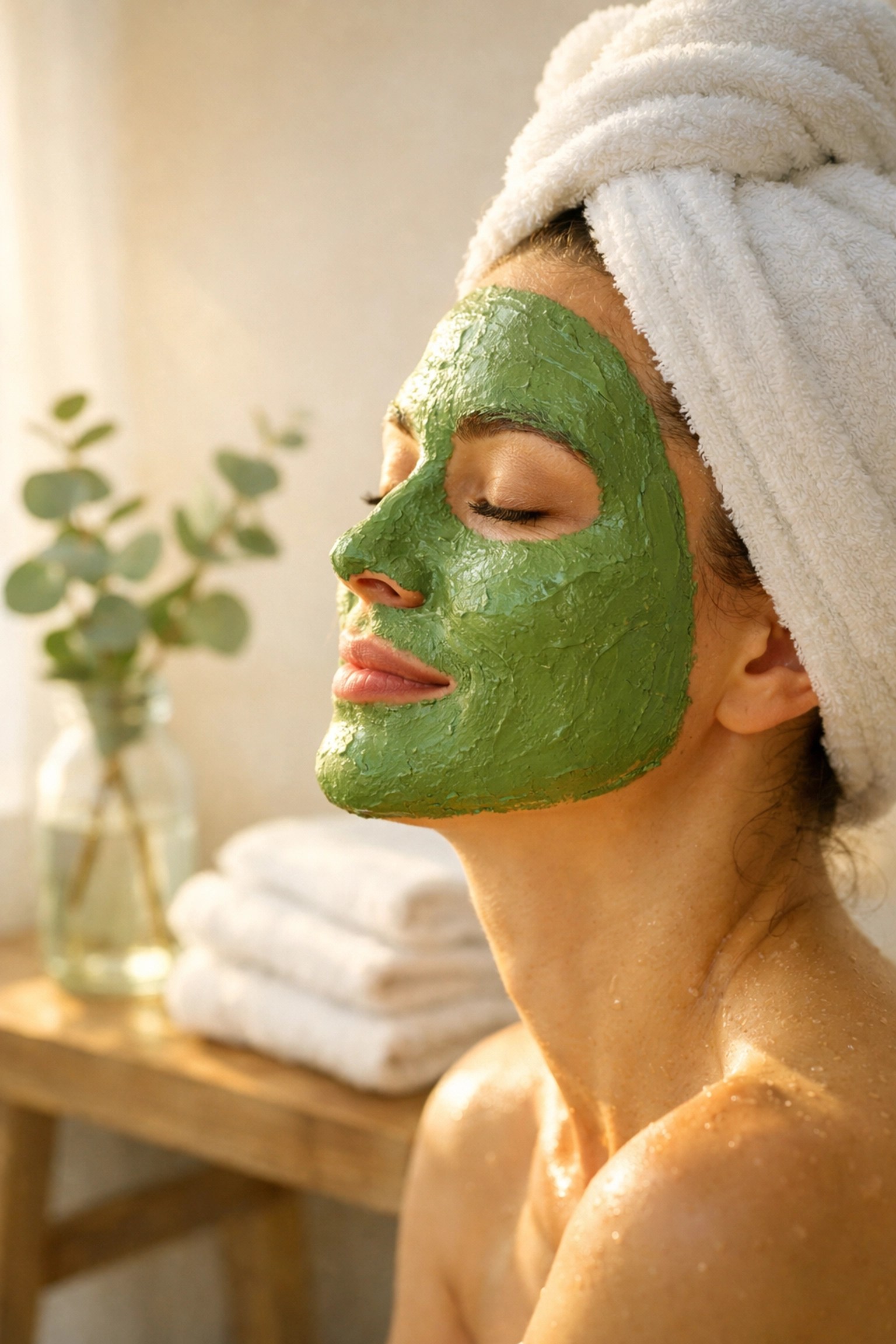 Person relaxing with a moist French green clay mask for a deep facial detox and healing skin treatment.
