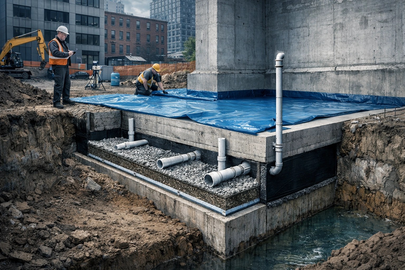 NYC urban foundation excavation showing vapor barrier, sub-slab piping, and waterproofing coordination at a brownfield redevelopment site
