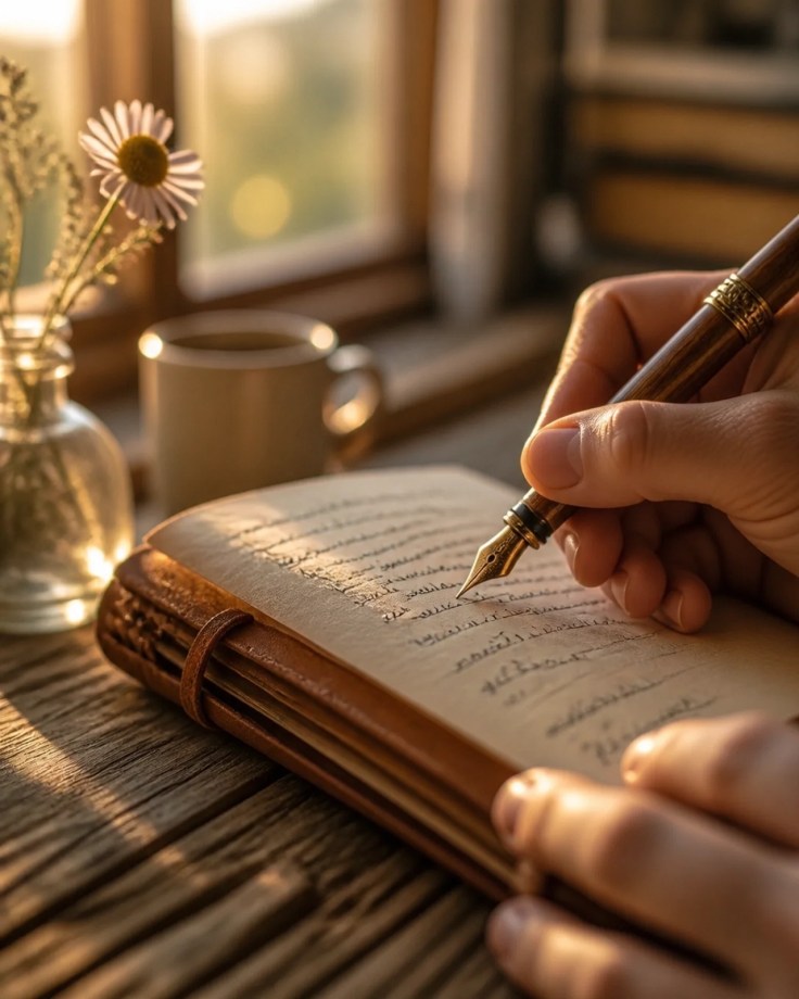 A moment of quiet reflection as a writer captures the transformative power of their journey on paper, surrounded by the warmth of a golden hour glow.