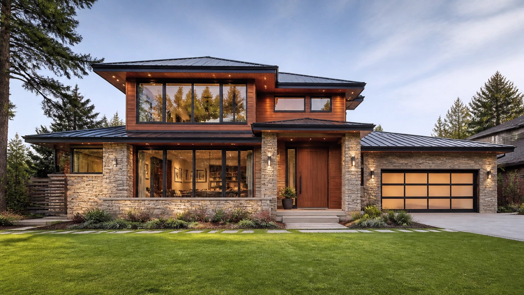 A high-resolution, professional photograph of a modern residential home exterior during the golden hour. The architecture features clean lines, large glass windows, and a combination of natural wood and stone textures. The lawn is perfectly manicured, and the atmosphere is serene and inviting, representing a premium home financing goal.