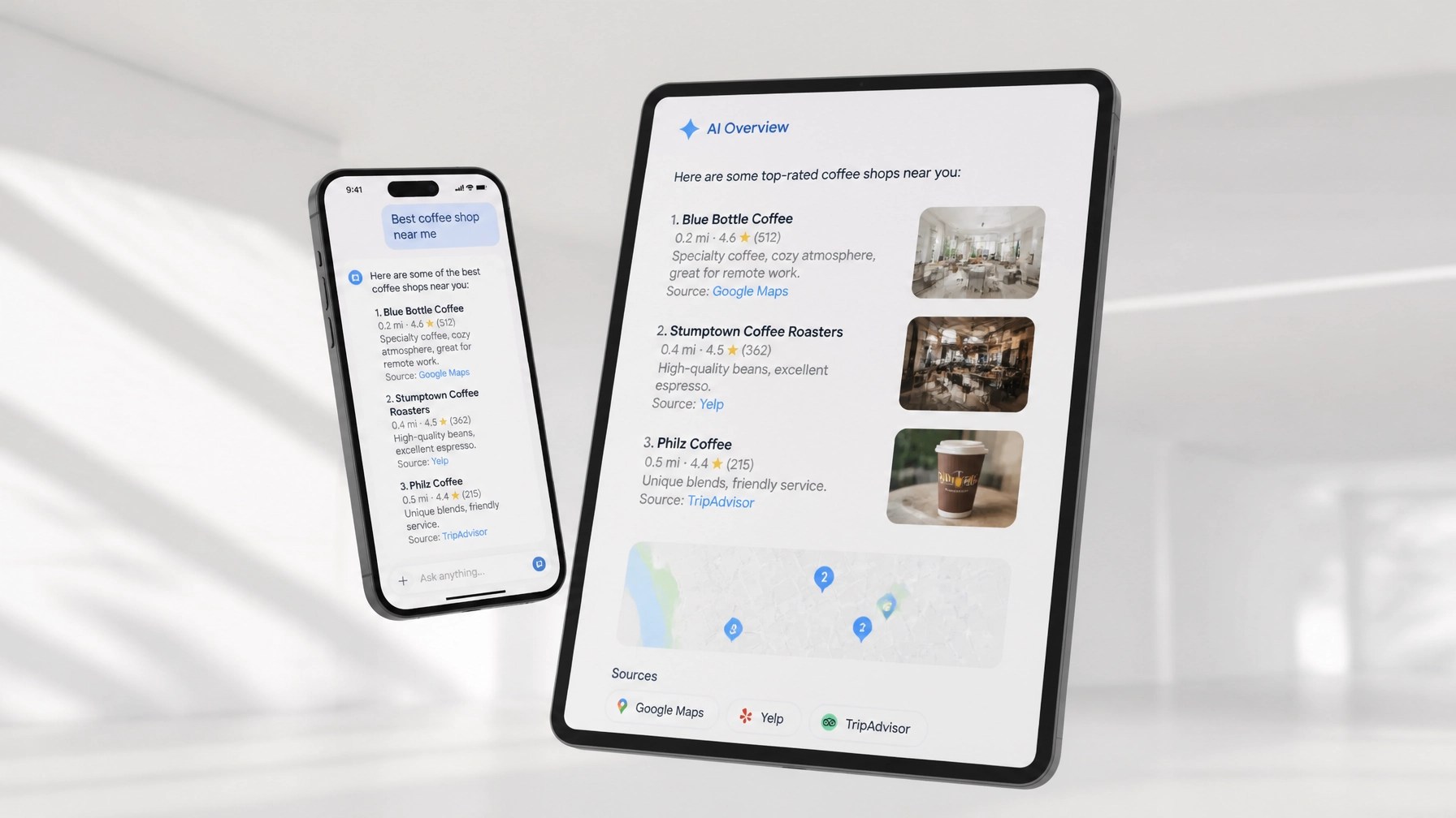 A digital interface showing AI-generated local recommendations with cited sources.