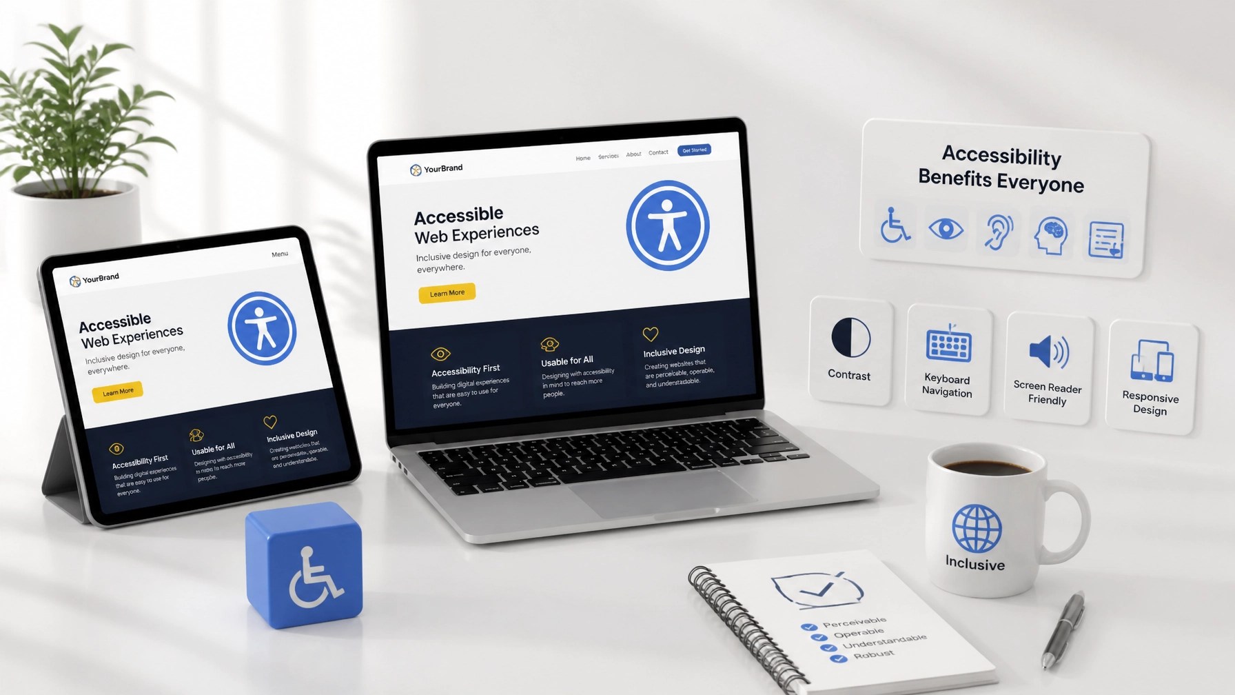 Professional 3D illustration representing web accessibility and inclusive design with clean UI elements and high-contrast symbols.