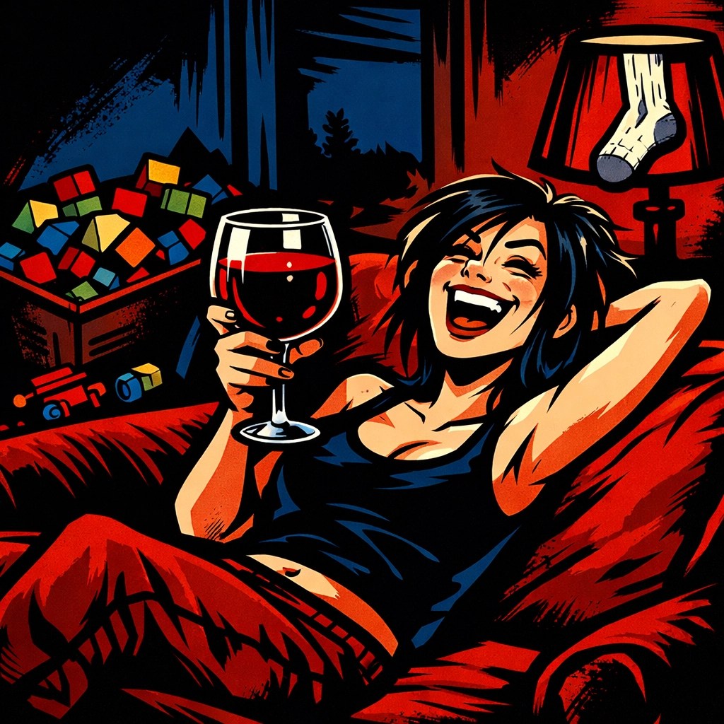 A mom relaxing on the couch with wine after a day of raising tiny humans.