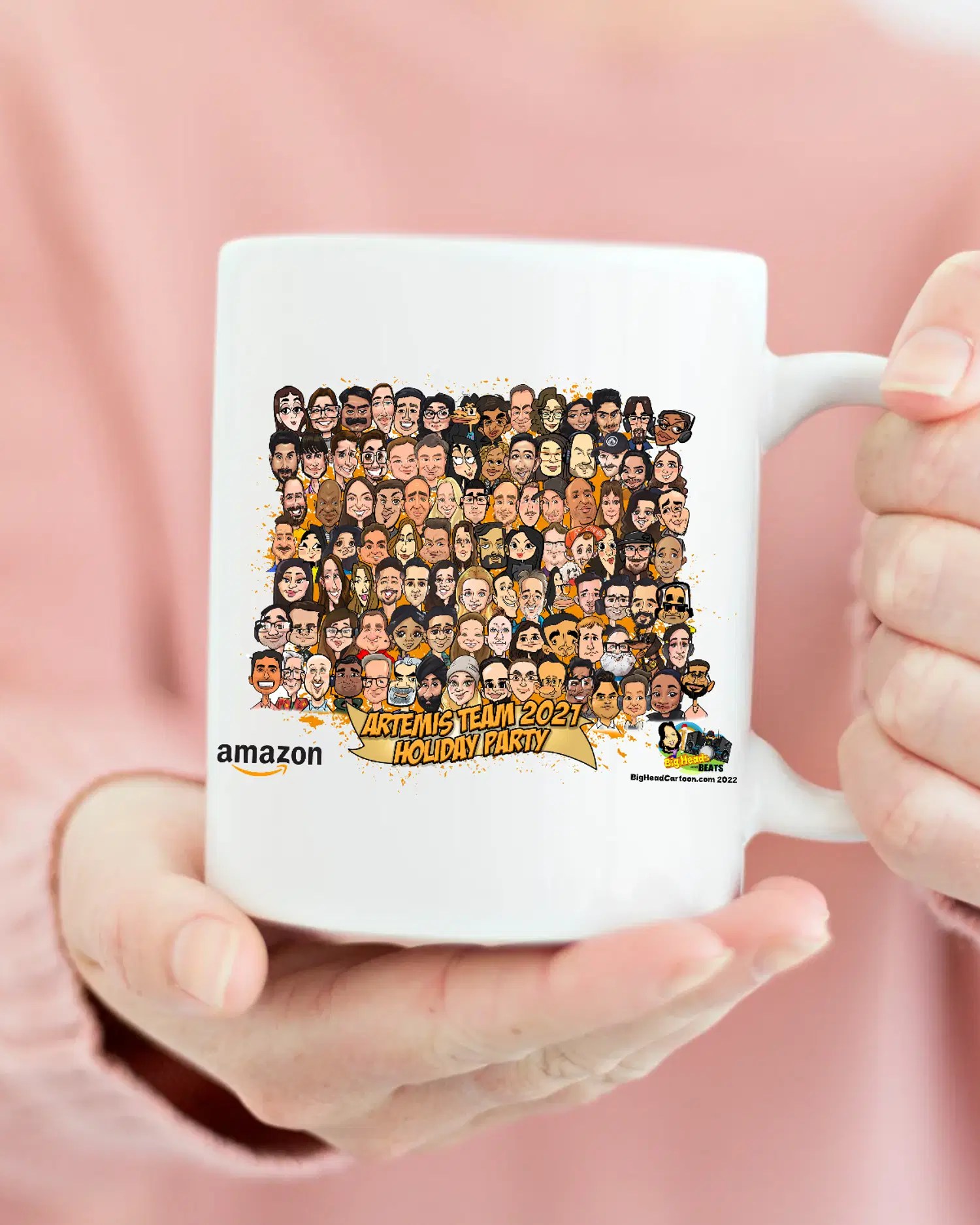 Personalized caricature mugs displayed as branded keepsakes and sustainable swag for trade show booth engagement.