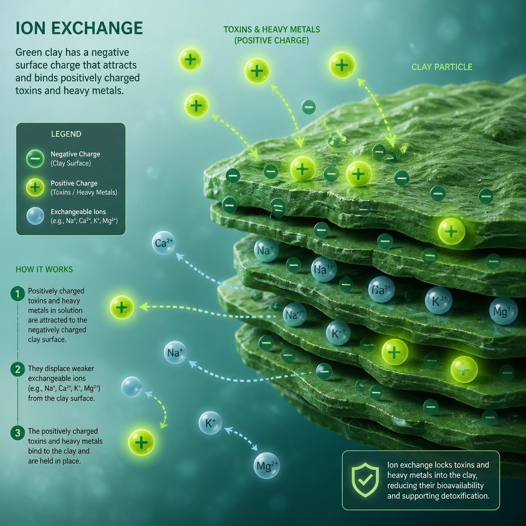 Microscopic illustration of green clay particles binding toxins through ion exchange
