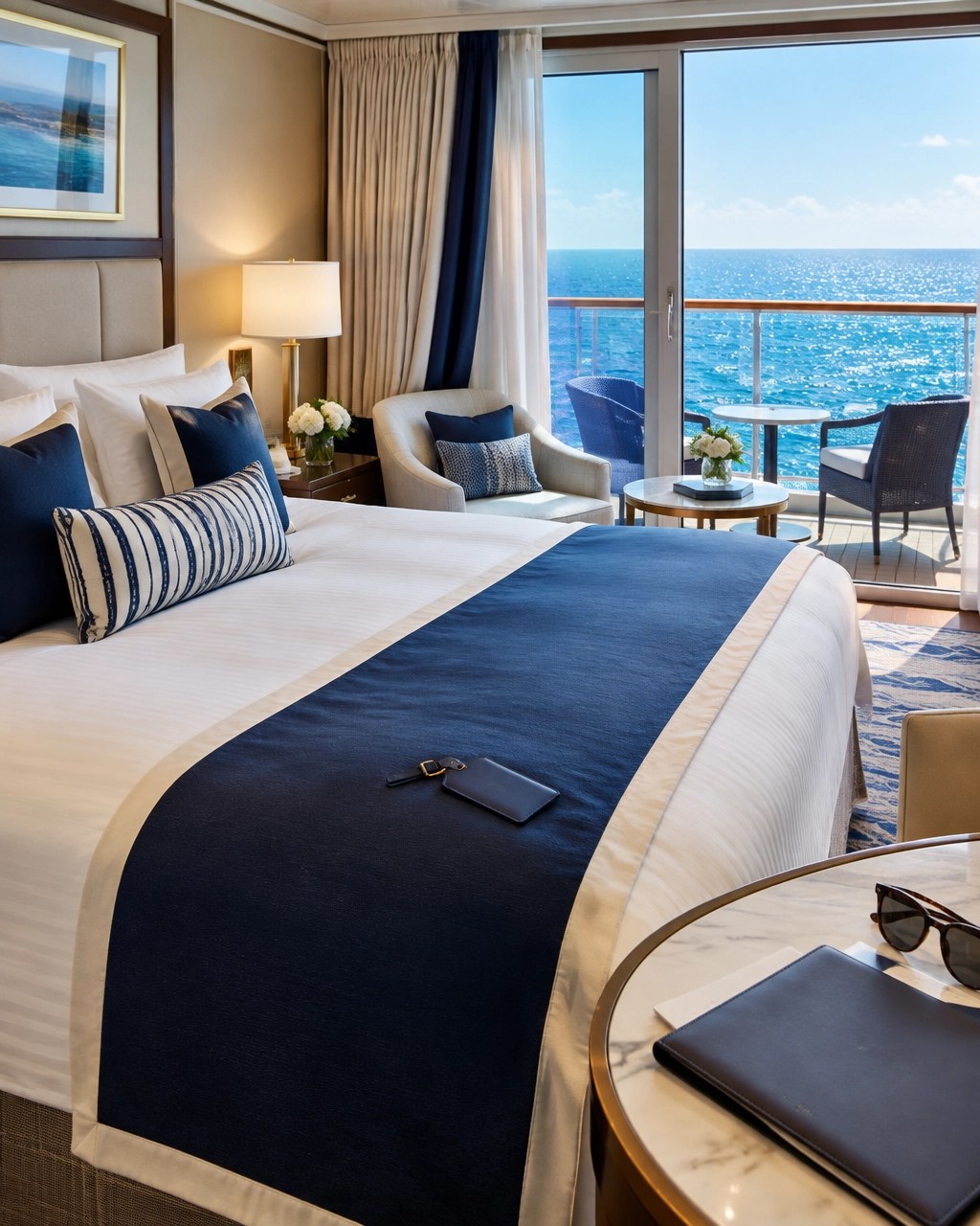 Elegant cruise suite with soft neutral design, ocean view, and carefully arranged travel details