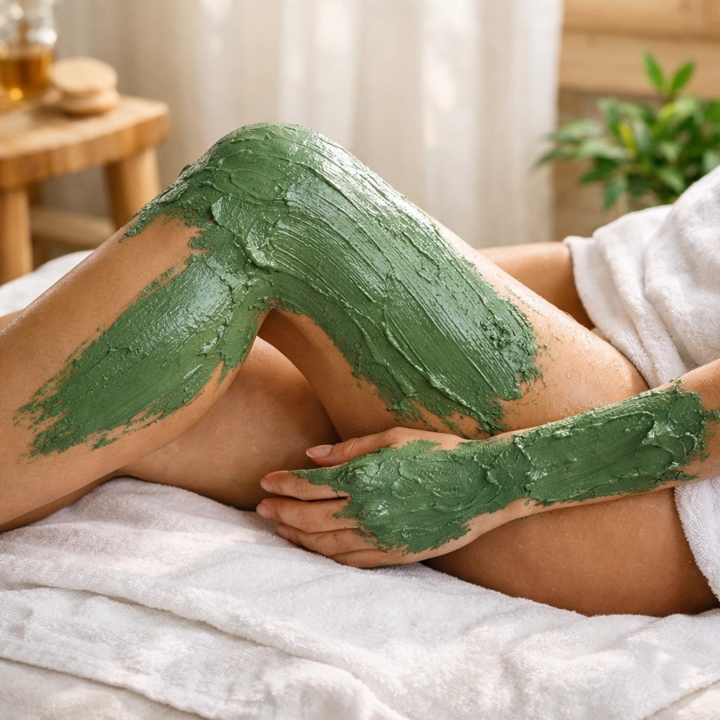 A person applying a full body healing clay wrap to arms and legs for natural detox and inflammation relief.