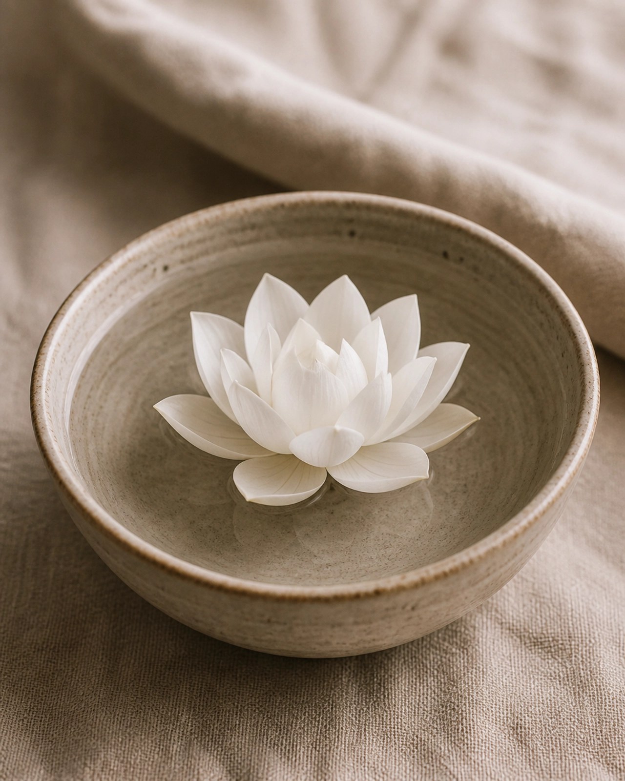 A serene white lotus floating in a ceramic bowl of water, representing balance and purity