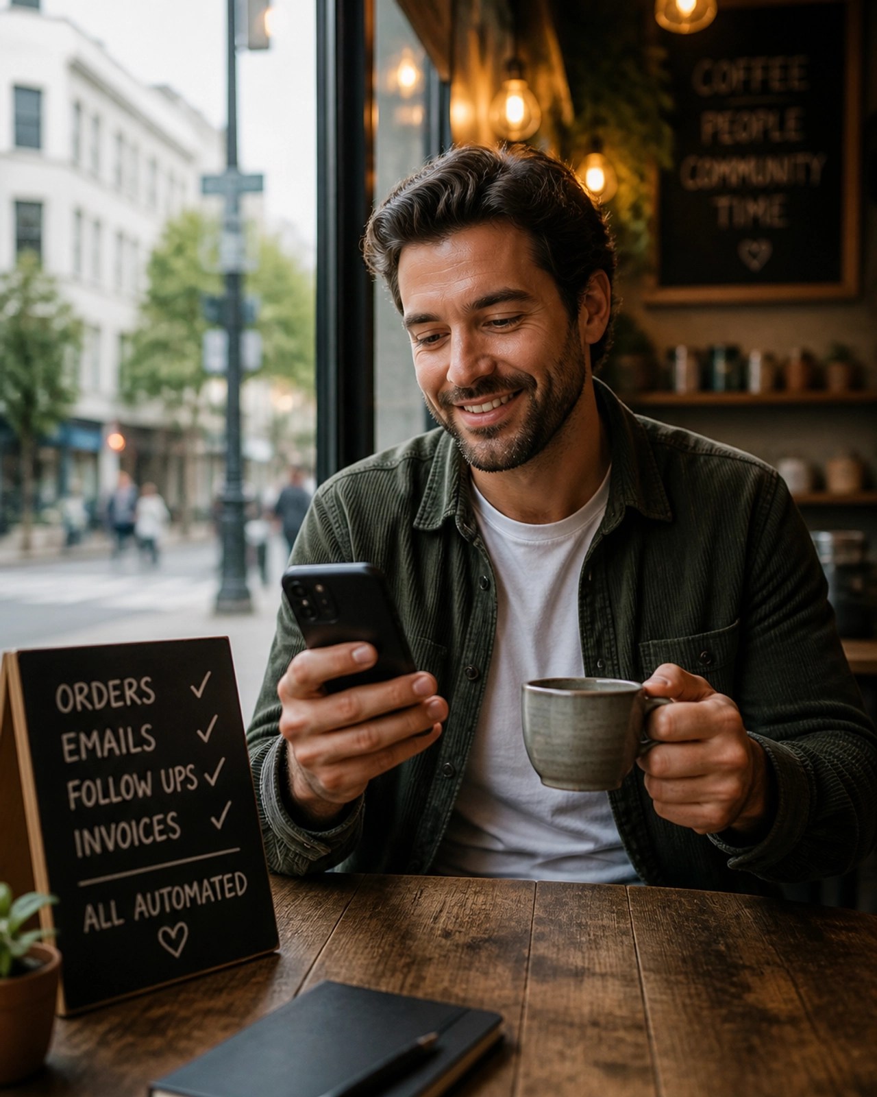 A happy small business owner relaxing with a coffee while checking his phone, representing the freedom and peace of mind provided by business automation.