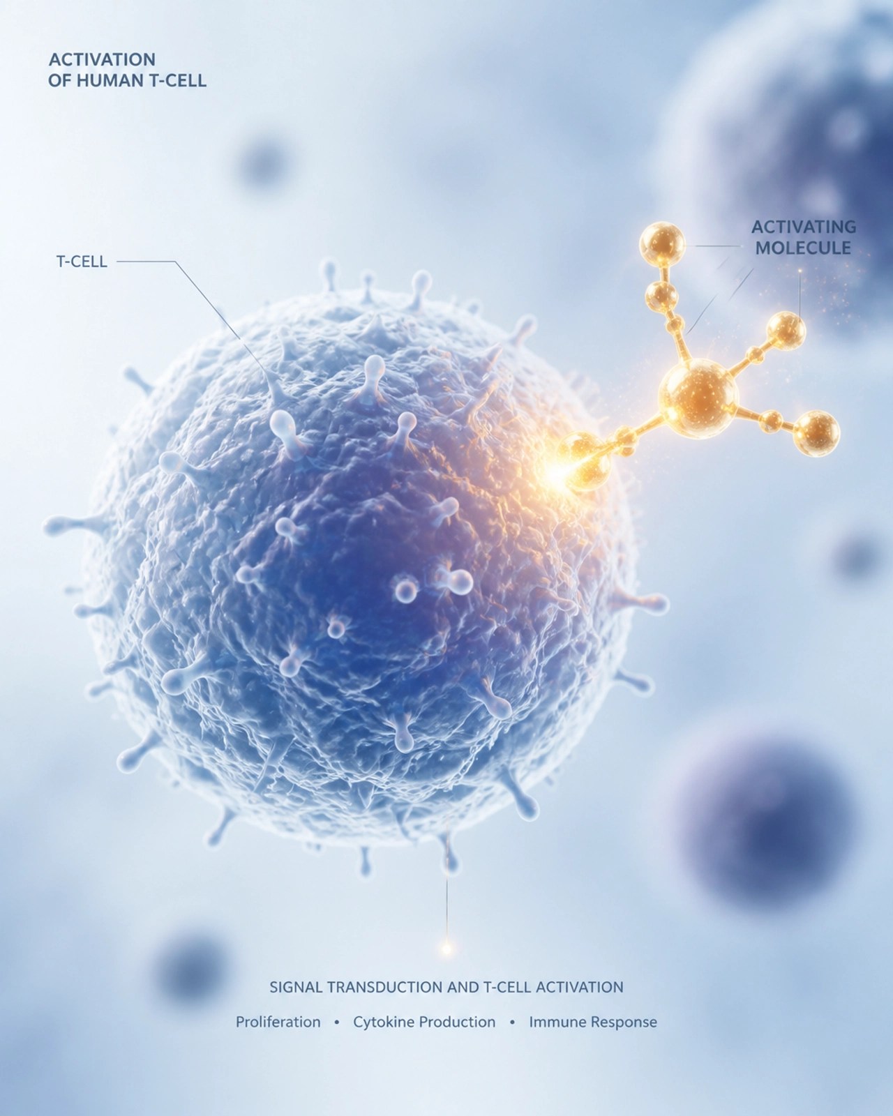A conceptual medical illustration of a T-cell being activated by a glowing golden molecule, representing the transformative power of Thymosin Alpha 1.