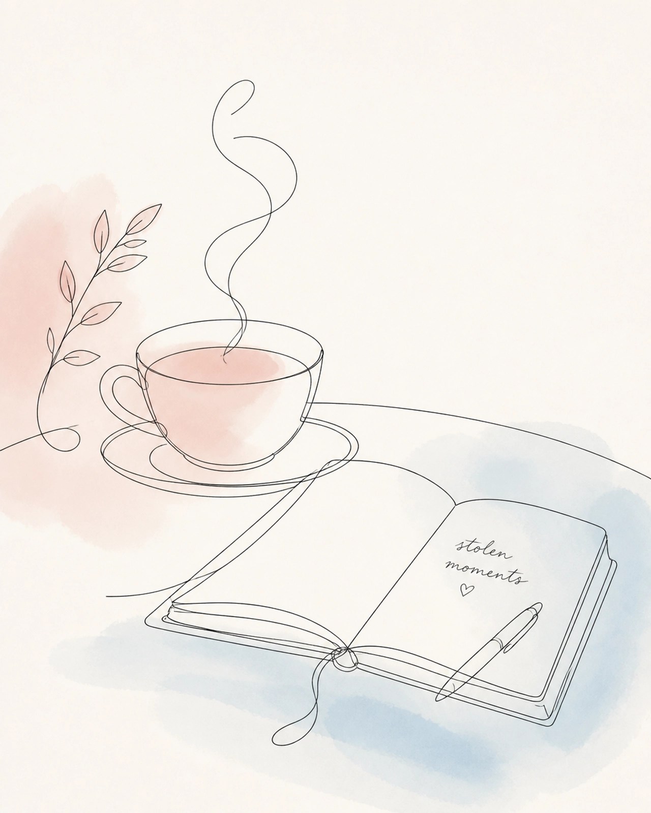 Minimalist fine-line illustration of a steaming tea cup next to an open notebook, representing stolen moments of peace.