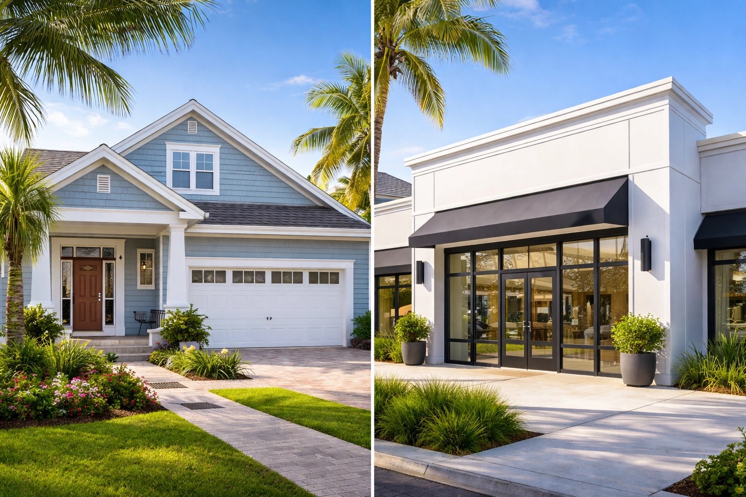 Beautifully painted residential home and commercial storefront in Florida, demonstrating expert craftsmanship