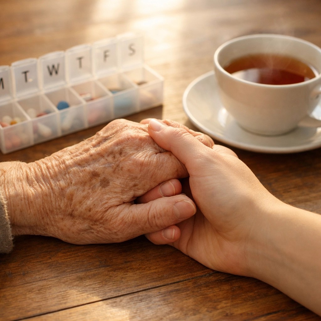 Caregiver holding senior's hand near medication organizer showing in-home care support