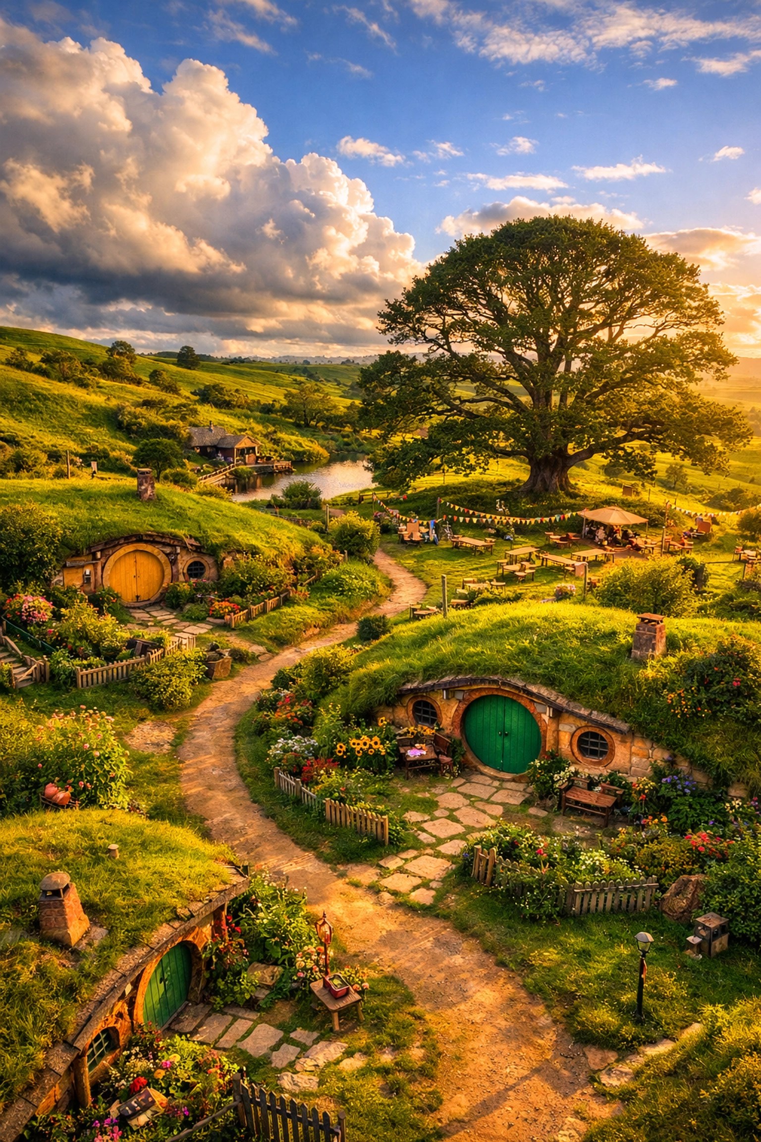 Aerial view of Hobbiton movie set in New Zealand's rolling hills, Lord of the Rings location