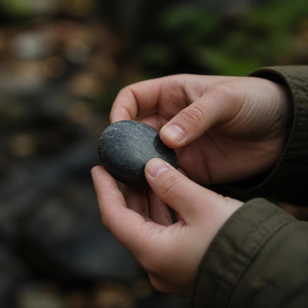 Close-up of hands holding a smooth river stone, focusing on tactile grounding.
