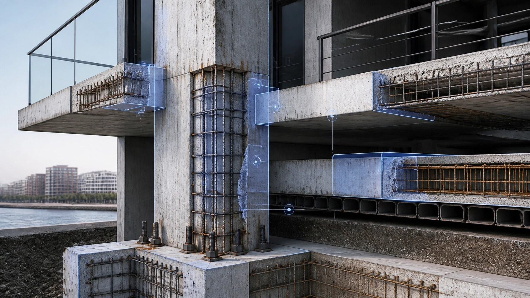 Structural inspection view showing concrete columns, beams, foundation connections, attached balconies, and a podium deck